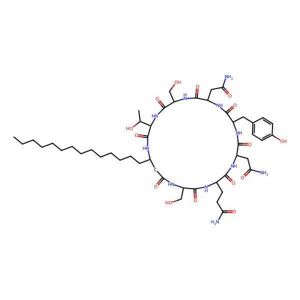 2D Structure of 3-[8,14-Bis(2-amino-2-oxoethyl)-20-(1-hydroxyethyl)-2,17-bis(hydroxymethyl)-11-[(4-hydroxyphenyl)methyl]-3,6,9,12,15,18,21,25-octaoxo-23-tetradecyl-1,4,7,10,13,16,19,22-octazacyclopentacos-5-yl]propanamide