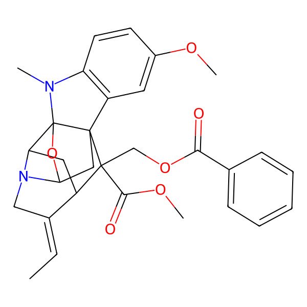 2D Structure of Methyl (14E)-19-[(benzoyloxy)methyl]-14-ethylidene-6-methoxy-2-methyl-18-oxa-2,12-diazahexacyclo[9.6.1.1^{9,15}.0^{1,9}.0^{3,8}.0^{12,17}]nonadeca-3(8),4,6-triene-19-carboxylate