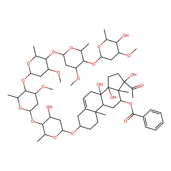 2D Structure of [17-Acetyl-8,14,17-trihydroxy-3-[4-hydroxy-5-[5-[5-[5-(5-hydroxy-4-methoxy-6-methyloxan-2-yl)oxy-4-methoxy-6-methyloxan-2-yl]oxy-4-methoxy-6-methyloxan-2-yl]oxy-4-methoxy-6-methyloxan-2-yl]oxy-6-methyloxan-2-yl]oxy-10,13-dimethyl-1,2,3,4,7,9,11,12,15,16-decahydrocyclopenta[a]phenanthren-12-yl] benzoate