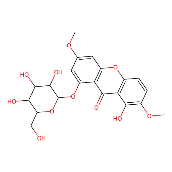 2D Structure of 1-hydroxy-2,6-dimethoxy-8-[(2S,3R,4S,5S,6R)-3,4,5-trihydroxy-6-(hydroxymethyl)oxan-2-yl]oxyxanthen-9-one