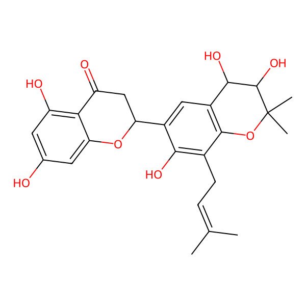 2D Structure of (2S)-5,7-dihydroxy-2-[(3S,4S)-3,4,7-trihydroxy-2,2-dimethyl-8-(3-methylbut-2-enyl)-3,4-dihydrochromen-6-yl]-2,3-dihydrochromen-4-one