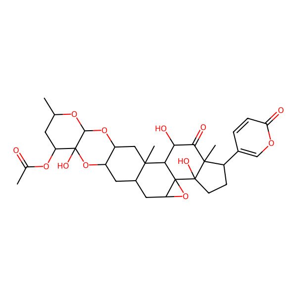2D Structure of [(1S,2S,3S,5R,6R,9R,10R,12S,14R,16R,18S,19S,21R,23S,25R)-3,9,18-trihydroxy-1,5,21-trimethyl-4-oxo-6-(6-oxopyran-3-yl)-11,17,22,24-tetraoxaheptacyclo[12.12.0.02,10.05,9.010,12.016,25.018,23]hexacosan-19-yl] acetate