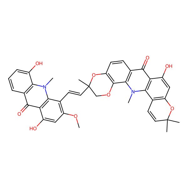 2D Structure of 7-[2-(1,5-Dihydroxy-3-methoxy-10-methyl-9-oxoacridin-4-yl)ethenyl]-15-hydroxy-2,7,19,19-tetramethyl-5,8,18-trioxa-2-azapentacyclo[12.8.0.03,12.04,9.017,22]docosa-1(14),3(12),4(9),10,15,17(22),20-heptaen-13-one