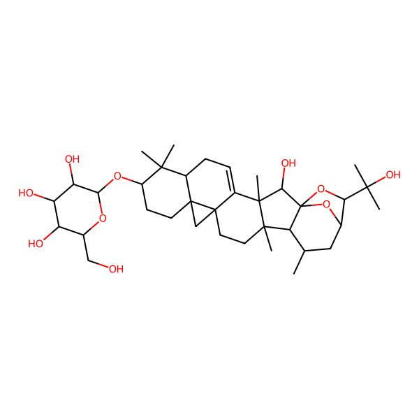 2D Structure of (2R,3R,4S,5R,6R)-2-[[(1S,2R,3R,7S,9S,12R,14R,17R,18R,19R,21R,22S)-2-hydroxy-22-(2-hydroxypropan-2-yl)-3,8,8,17,19-pentamethyl-23,24-dioxaheptacyclo[19.2.1.01,18.03,17.04,14.07,12.012,14]tetracos-4-en-9-yl]oxy]-6-(hydroxymethyl)oxane-3,4,5-triol