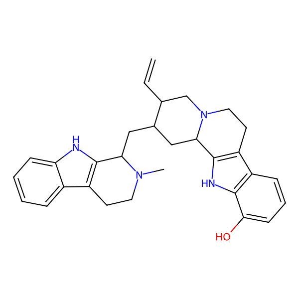 2D Structure of (2S,3R,12bS)-3-ethenyl-2-[[(1S)-2-methyl-1,3,4,9-tetrahydropyrido[3,4-b]indol-1-yl]methyl]-1,2,3,4,6,7,12,12b-octahydroindolo[2,3-a]quinolizin-11-ol