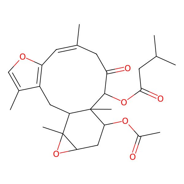 2D Structure of (14-Acetyloxy-4,9,13,18-tetramethyl-11-oxo-6,17-dioxatetracyclo[11.5.0.03,7.016,18]octadeca-3(7),4,8-trien-12-yl) 3-methylbutanoate