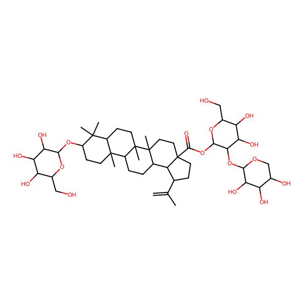 2D Structure of [(2S,3R,4S,5S,6R)-4,5-dihydroxy-6-(hydroxymethyl)-3-[(2S,3R,4S,5S)-3,4,5-trihydroxyoxan-2-yl]oxyoxan-2-yl] (1R,3aS,5aR,5bR,7aR,9S,11aR,11bR,13aR,13bR)-5a,5b,8,8,11a-pentamethyl-1-prop-1-en-2-yl-9-[(2R,3R,4S,5S,6R)-3,4,5-trihydroxy-6-(hydroxymethyl)oxan-2-yl]oxy-1,2,3,4,5,6,7,7a,9,10,11,11b,12,13,13a,13b-hexadecahydrocyclopenta[a]chrysene-3a-carboxylate