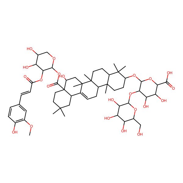 2D Structure of (2S,3S,4S,5R,6S)-6-[[(3S,4aR,6aR,6bS,8R,8aR,12aS,14aR,14bR)-8a-[(2R,3R,4S,5R)-4,5-dihydroxy-3-[(E)-3-(4-hydroxy-3-methoxyphenyl)prop-2-enoyl]oxyoxan-2-yl]oxycarbonyl-8-hydroxy-4,4,6a,6b,11,11,14b-heptamethyl-1,2,3,4a,5,6,7,8,9,10,12,12a,14,14a-tetradecahydropicen-3-yl]oxy]-3,4-dihydroxy-5-[(2R,3R,4S,5R,6R)-3,4,5-trihydroxy-6-(hydroxymethyl)oxan-2-yl]oxyoxane-2-carboxylic acid