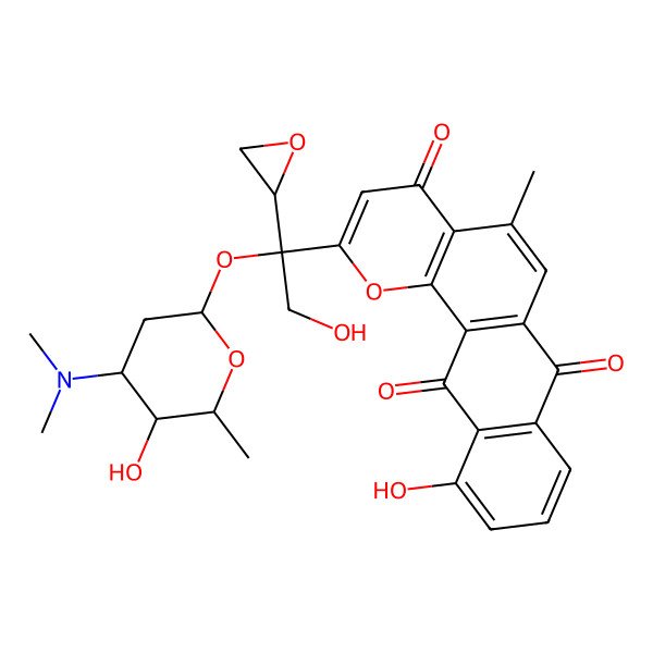 2D Structure of 2-[1-[4-(Dimethylamino)-5-hydroxy-6-methyloxan-2-yl]oxy-2-hydroxy-1-(oxiran-2-yl)ethyl]-11-hydroxy-5-methylnaphtho[2,3-h]chromene-4,7,12-trione