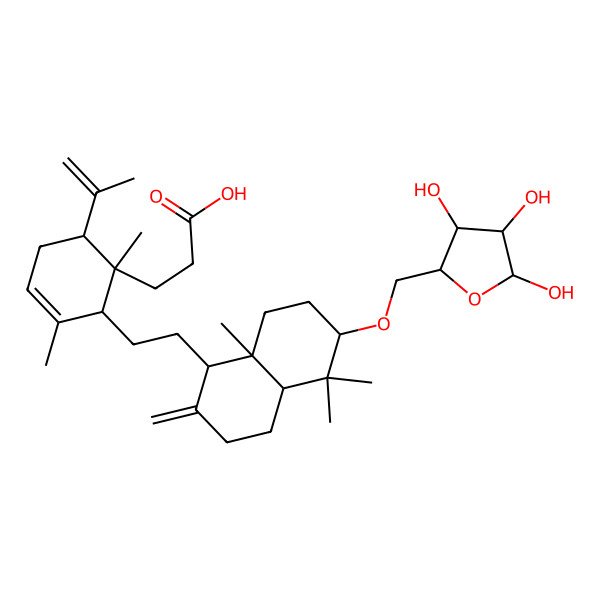 2D Structure of 3-[2-[2-[5,5,8a-trimethyl-2-methylidene-6-[(3,4,5-trihydroxyoxolan-2-yl)methoxy]-3,4,4a,6,7,8-hexahydro-1H-naphthalen-1-yl]ethyl]-1,3-dimethyl-6-prop-1-en-2-ylcyclohex-3-en-1-yl]propanoic acid