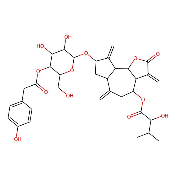 2D Structure of [8-[3,4-Dihydroxy-6-(hydroxymethyl)-5-[2-(4-hydroxyphenyl)acetyl]oxyoxan-2-yl]oxy-3,6,9-trimethylidene-2-oxo-3a,4,5,6a,7,8,9a,9b-octahydroazuleno[4,5-b]furan-4-yl] 2-hydroxy-3-methylbutanoate