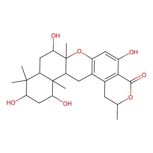 2D Structure of 10,15,19,21-Tetrahydroxy-6,14,18,18,22-pentamethyl-7,13-dioxapentacyclo[12.8.0.03,12.04,9.017,22]docosa-3(12),4(9),10-trien-8-one