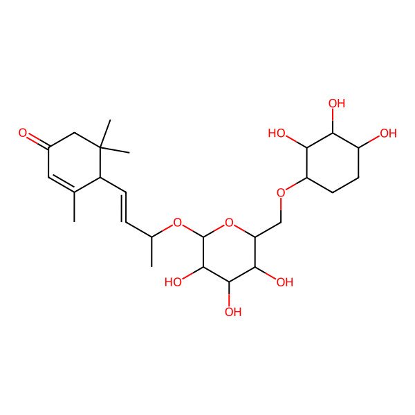 2D Structure of (4R)-3,5,5-trimethyl-4-[(E,3R)-3-[(2R,3R,4S,5S,6R)-3,4,5-trihydroxy-6-[[(1R,2R,3S,4S)-2,3,4-trihydroxycyclohexyl]oxymethyl]oxan-2-yl]oxybut-1-enyl]cyclohex-2-en-1-one