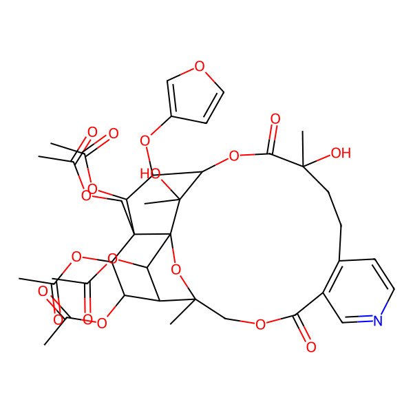 2D Structure of [(1S,3R,15S,18S,19R,20R,21R,22S,23S,24R,25R,26S)-20,22,23,25-tetraacetyloxy-19-(furan-3-yloxy)-15,26-dihydroxy-3,15,26-trimethyl-6,16-dioxo-2,5,17-trioxa-9-azapentacyclo[16.7.1.01,21.03,24.07,12]hexacosa-7(12),8,10-trien-21-yl]methyl acetate