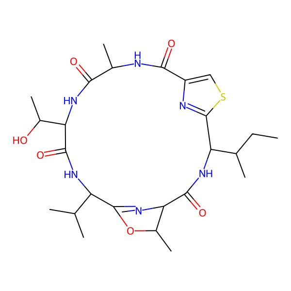 2D Structure of 4-Butan-2-yl-14-(1-hydroxyethyl)-11,20-dimethyl-17-propan-2-yl-19-oxa-6-thia-3,10,13,16,21,22-hexazatricyclo[16.2.1.15,8]docosa-5(22),7,18(21)-triene-2,9,12,15-tetrone