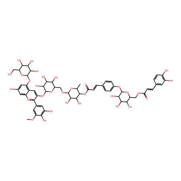 2D Structure of [(2R,3R,4S,5S,6R)-6-[[(2R,3R,4R,5S,6S)-6-[2-(3,4-dihydroxy-5-methoxyphenyl)-7-hydroxy-5-[(2S,3R,4S,5R,6R)-3,4,5-trihydroxy-6-(hydroxymethyl)oxan-2-yl]oxychromenylium-3-yl]oxy-3,4,5-trihydroxyoxan-2-yl]methoxy]-4,5-dihydroxy-2-methyloxan-3-yl] (E)-3-[4-[(2S,3R,4S,5R,6R)-6-[3-(3,4-dihydroxyphenyl)prop-2-enoyloxymethyl]-3,4,5-trihydroxyoxan-2-yl]oxyphenyl]prop-2-enoate