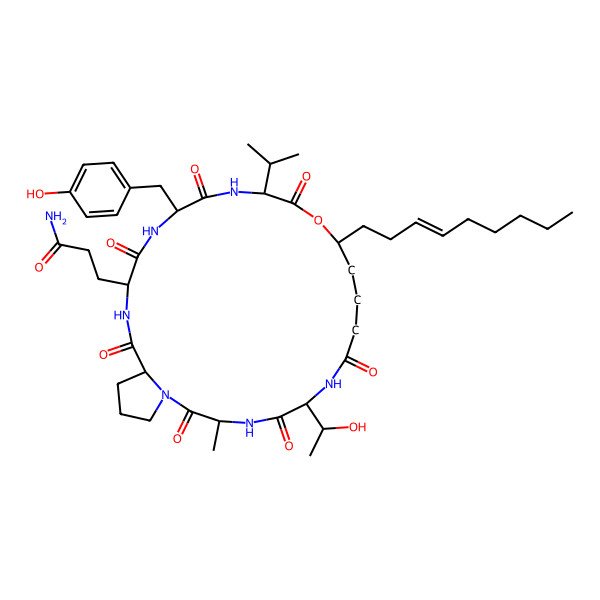 2D Structure of 3-[6-(1-Hydroxyethyl)-18-[(4-hydroxyphenyl)methyl]-3-methyl-12-non-3-enyl-2,5,8,14,17,20,23-heptaoxo-15-propan-2-yl-13-oxa-1,4,7,16,19,22-hexazabicyclo[22.3.0]heptacosan-21-yl]propanamide
