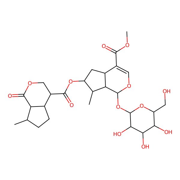 2D Structure of methyl (1S,4aS,6S,7R,7aR)-6-[(4R,4aR,7S,7aR)-7-methyl-1-oxo-4,4a,5,6,7,7a-hexahydro-3H-cyclopenta[c]pyran-4-carbonyl]oxy-7-methyl-1-[(2S,3R,4S,5S,6R)-3,4,5-trihydroxy-6-(hydroxymethyl)oxan-2-yl]oxy-1,4a,5,6,7,7a-hexahydrocyclopenta[c]pyran-4-carboxylate