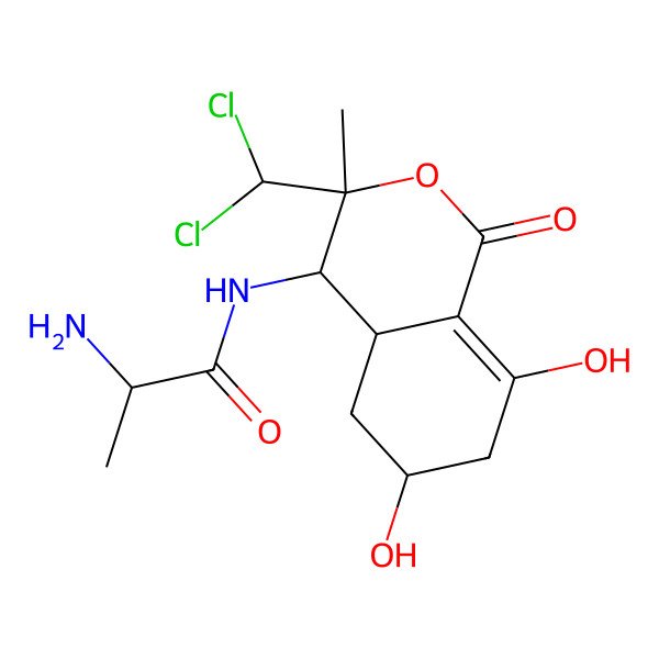 2D Structure of 2-amino-N-[3-(dichloromethyl)-6,8-dihydroxy-3-methyl-1-oxo-4a,5,6,7-tetrahydro-4H-isochromen-4-yl]propanamide