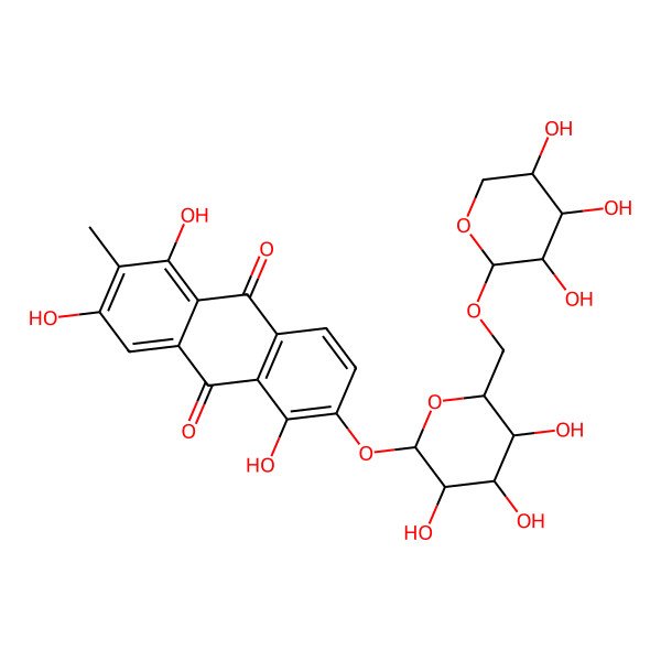 2D Structure of 1,3,5-Trihydroxy-2-methyl-6-[3,4,5-trihydroxy-6-[(3,4,5-trihydroxyoxan-2-yl)oxymethyl]oxan-2-yl]oxyanthracene-9,10-dione