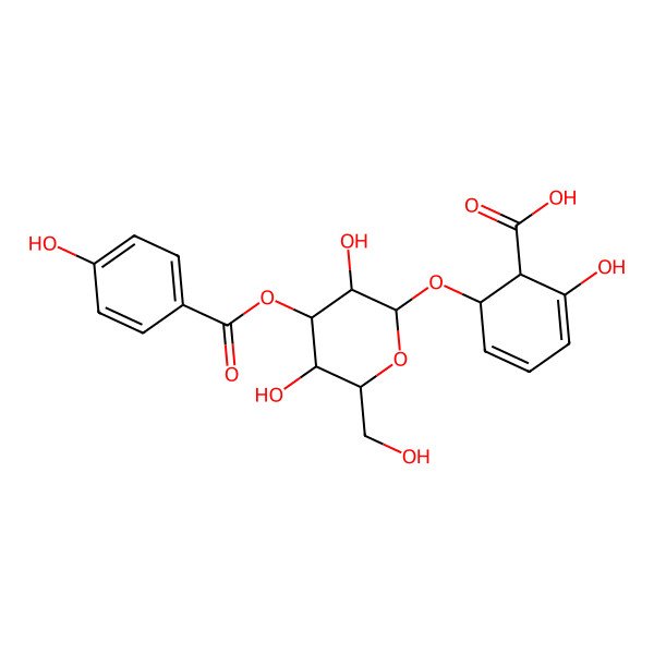 2D Structure of 6-[(2R,3R,4S,5R,6R)-3,5-dihydroxy-4-(4-hydroxybenzoyl)oxy-6-(hydroxymethyl)oxan-2-yl]oxy-2-hydroxycyclohexa-2,4-diene-1-carboxylic acid