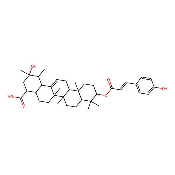 2D Structure of 2-hydroxy-10-[3-(4-hydroxyphenyl)prop-2-enoyloxy]-1,2,6a,6b,9,9,12a-heptamethyl-3,4,4a,5,6,6a,7,8,8a,10,11,12,13,14b-tetradecahydro-1H-picene-4-carboxylic acid