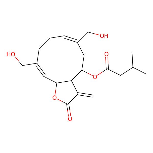 2D Structure of [(3aR,4R,6E,10E,11aR)-6,10-bis(hydroxymethyl)-3-methylidene-2-oxo-3a,4,5,8,9,11a-hexahydrocyclodeca[b]furan-4-yl] 3-methylbutanoate