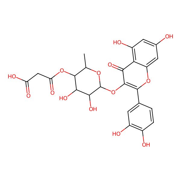 2D Structure of 3-[6-[2-(3,4-Dihydroxyphenyl)-5,7-dihydroxy-4-oxochromen-3-yl]oxy-4,5-dihydroxy-2-methyloxan-3-yl]oxy-3-oxopropanoic acid