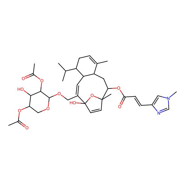 2D Structure of [(8R)-11-[(3,5-diacetyloxy-4-hydroxyoxan-2-yl)oxymethyl]-12-hydroxy-1,5-dimethyl-8-propan-2-yl-15-oxatricyclo[10.2.1.04,9]pentadeca-5,10,13-trien-2-yl] (E)-3-(1-methylimidazol-4-yl)prop-2-enoate