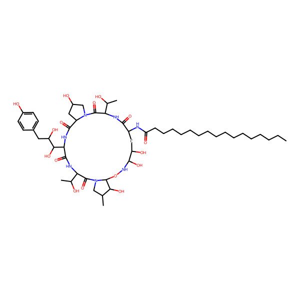 2D Structure of N-[(3S,6S,9S,11R,15S,20R,21R,24R,25S,26S)-6-[(1S,2S)-1,2-dihydroxy-3-(4-hydroxyphenyl)propyl]-11,20,21,25-tetrahydroxy-3,15-bis[(1R)-1-hydroxyethyl]-26-methyl-2,5,8,14,17-pentaoxo-23-oxa-1,4,7,13,16,22-hexazatricyclo[22.3.0.09,13]heptacosan-18-yl]heptadecanamide