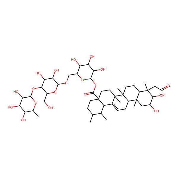 2D Structure of [6-[[3,4-dihydroxy-6-(hydroxymethyl)-5-(3,4,5-trihydroxy-6-methyloxan-2-yl)oxyoxan-2-yl]oxymethyl]-3,4,5-trihydroxyoxan-2-yl] 10,11-dihydroxy-1,2,6a,6b,9,12a-hexamethyl-9-(2-oxoethyl)-2,3,4,5,6,6a,7,8,8a,10,11,12,13,14b-tetradecahydro-1H-picene-4a-carboxylate
