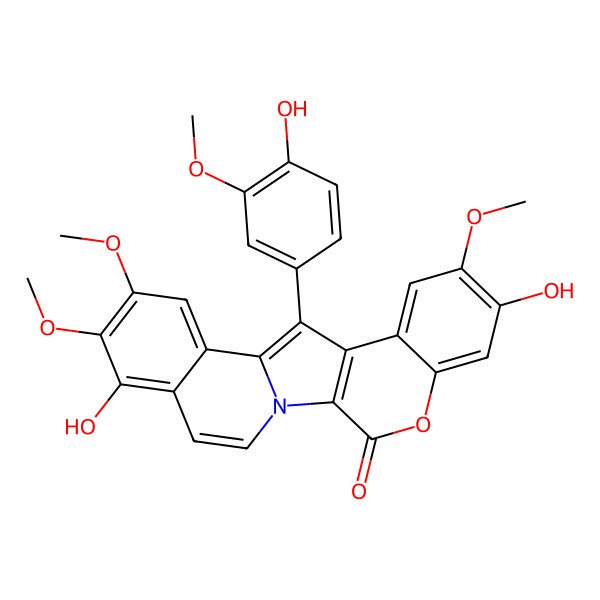 2D Structure of 7,18-Dihydroxy-12-(4-hydroxy-3-methoxyphenyl)-8,16,17-trimethoxy-4-oxa-1-azapentacyclo[11.8.0.02,11.05,10.014,19]henicosa-2(11),5,7,9,12,14,16,18,20-nonaen-3-one