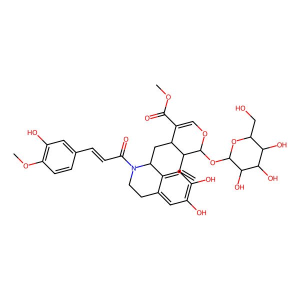 2D Structure of methyl 4-[[6,7-dihydroxy-2-[3-(3-hydroxy-4-methoxyphenyl)prop-2-enoyl]-3,4-dihydro-1H-isoquinolin-1-yl]methyl]-3-ethenyl-2-[3,4,5-trihydroxy-6-(hydroxymethyl)oxan-2-yl]oxy-3,4-dihydro-2H-pyran-5-carboxylate