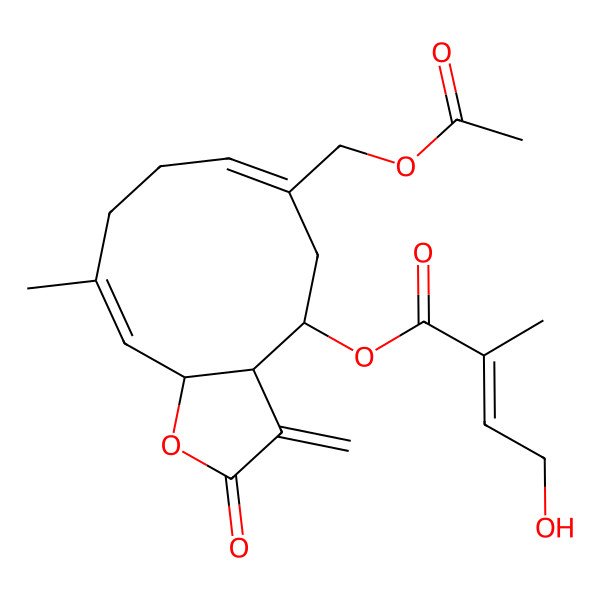2D Structure of [(3aR,4R,6Z,10Z,11aR)-6-(acetyloxymethyl)-10-methyl-3-methylidene-2-oxo-3a,4,5,8,9,11a-hexahydrocyclodeca[b]furan-4-yl] (E)-4-hydroxy-2-methylbut-2-enoate