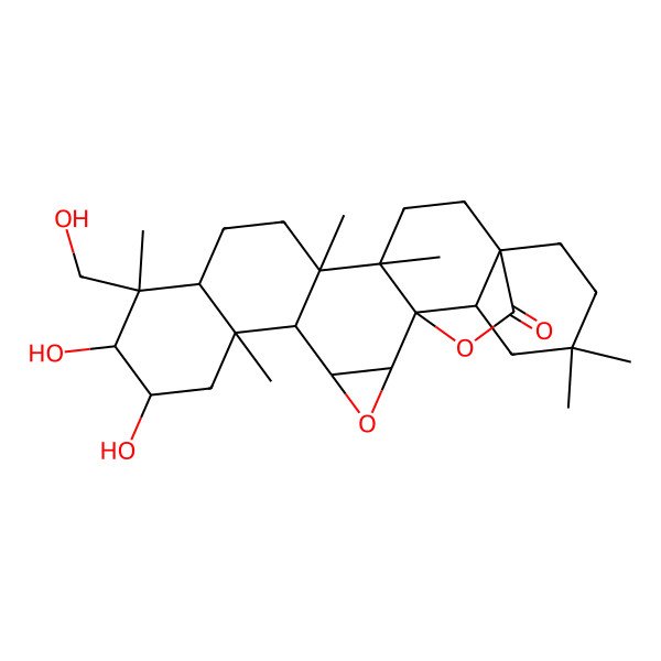 2D Structure of 8,9-Dihydroxy-10-(hydroxymethyl)-6,10,14,15,21,21-hexamethyl-3,24-dioxaheptacyclo[16.5.2.01,15.02,4.05,14.06,11.018,23]pentacosan-25-one