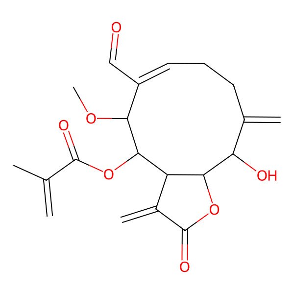 2D Structure of [(3aS,4S,5S,6E,11S,11aS)-6-formyl-11-hydroxy-5-methoxy-3,10-dimethylidene-2-oxo-4,5,8,9,11,11a-hexahydro-3aH-cyclodeca[b]furan-4-yl] 2-methylprop-2-enoate