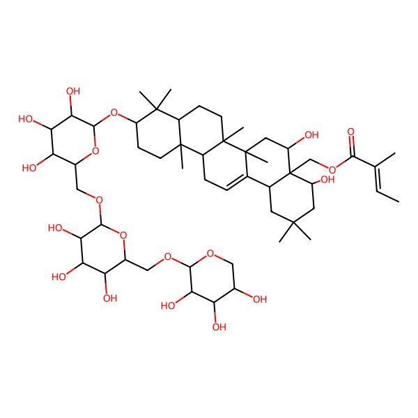 2D Structure of [(4S,4aS,5S,6aR,6aS,6bR,8aR,10S,12aR,14bS)-4,5-dihydroxy-2,2,6a,6b,9,9,12a-heptamethyl-10-[(2R,3R,4S,5S,6R)-3,4,5-trihydroxy-6-[[(2R,3R,4S,5S,6R)-3,4,5-trihydroxy-6-[[(2S,3R,4S,5R)-3,4,5-trihydroxyoxan-2-yl]oxymethyl]oxan-2-yl]oxymethyl]oxan-2-yl]oxy-1,3,4,5,6,6a,7,8,8a,10,11,12,13,14b-tetradecahydropicen-4a-yl]methyl (E)-2-methylbut-2-enoate