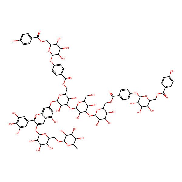 2D Structure of [(2R,3S,4S,5R,6S)-6-[4-[[(2R,3S,4S,5R,6S)-6-[(2S,3R,4S,5R,6R)-2-[(2S,3R,4S,5R,6R)-3,5-dihydroxy-2-[5-hydroxy-2-(3,4,5-trihydroxyphenyl)-3-[(2S,3R,4S,5S,6R)-3,4,5-trihydroxy-6-[[(2R,3R,4R,5R,6S)-3,4,5-trihydroxy-6-methyloxan-2-yl]oxymethyl]oxan-2-yl]oxychromenylium-7-yl]oxy-6-[[4-[(2S,3R,4S,5S,6R)-3,4,5-trihydroxy-6-[(4-hydroxybenzoyl)oxymethyl]oxan-2-yl]oxybenzoyl]oxymethyl]oxan-4-yl]oxy-3,5-dihydroxy-6-(hydroxymethyl)oxan-4-yl]oxy-3,4,5-trihydroxyoxan-2-yl]methoxycarbonyl]phenoxy]-3,4,5-trihydroxyoxan-2-yl]methyl 4-hydroxybenzoate