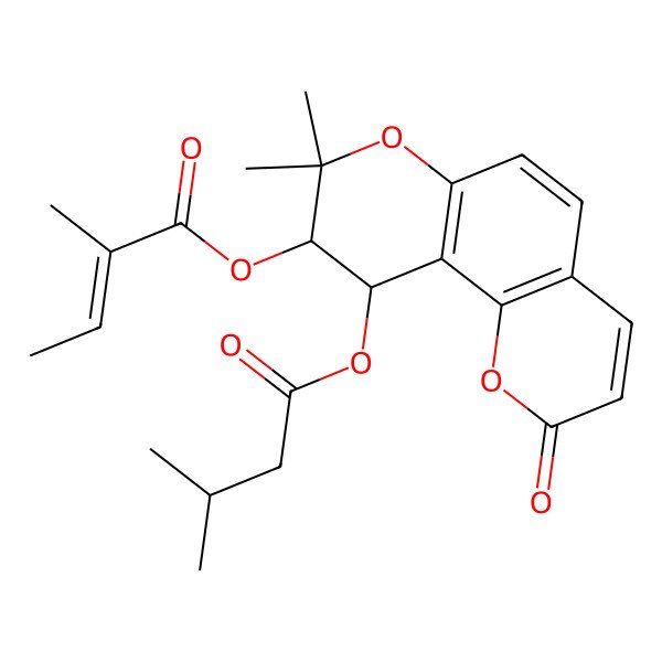 2D Structure of [(9S,10R)-8,8-dimethyl-10-(3-methylbutanoyloxy)-2-oxo-9,10-dihydropyrano[2,3-f]chromen-9-yl] (E)-2-methylbut-2-enoate
