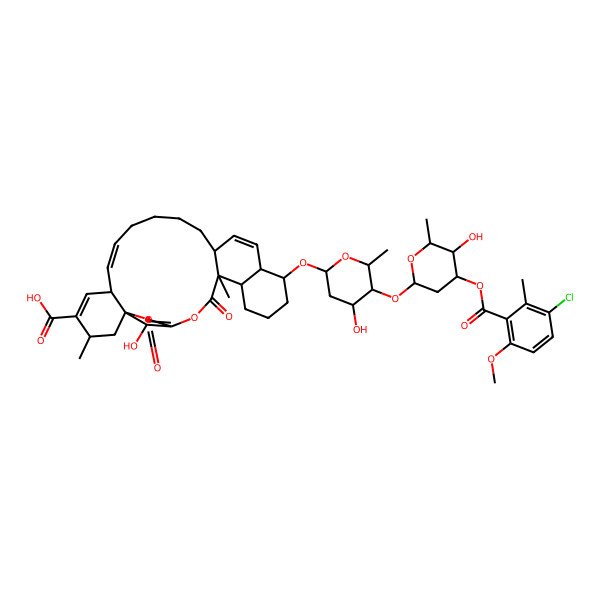 2D Structure of (1R,3S,6S,7E,13S,16R,17R,21S,22S)-17-[(2S,4S,5R,6S)-5-[(2R,4S,5S,6S)-4-(3-chloro-6-methoxy-2-methylbenzoyl)oxy-5-hydroxy-6-methyloxan-2-yl]oxy-4-hydroxy-6-methyloxan-2-yl]oxy-28-hydroxy-3,22-dimethyl-23,26-dioxo-24,27-dioxapentacyclo[23.2.1.01,6.013,22.016,21]octacosa-4,7,14,25(28)-tetraene-4-carboxylic acid
