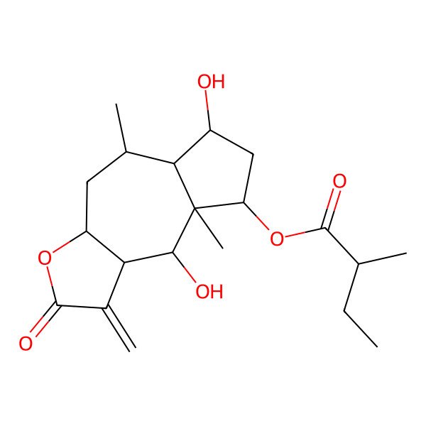 2D Structure of (6,9-dihydroxy-5,8a-dimethyl-1-methylidene-2-oxo-4,5,5a,6,7,8,9,9a-octahydro-3aH-azuleno[6,7-b]furan-8-yl) 2-methylbutanoate