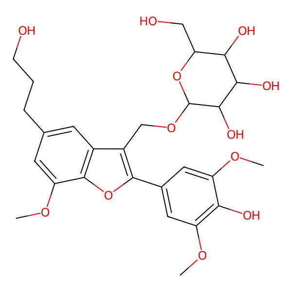 2D Structure of (2R,3R,4S,5S,6R)-2-[[2-(4-hydroxy-3,5-dimethoxyphenyl)-5-(3-hydroxypropyl)-7-methoxy-1-benzofuran-3-yl]methoxy]-6-(hydroxymethyl)oxane-3,4,5-triol