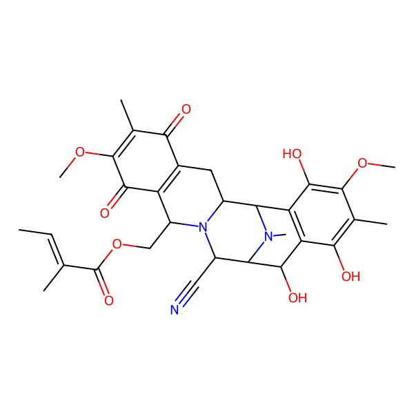 2D Structure of (12-Cyano-14,16,19-trihydroxy-7,18-dimethoxy-6,17,21-trimethyl-5,8-dioxo-11,21-diazapentacyclo[11.7.1.02,11.04,9.015,20]henicosa-4(9),6,15(20),16,18-pentaen-10-yl)methyl 2-methylbut-2-enoate