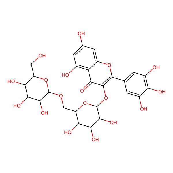 2D Structure of 5,7-dihydroxy-2-(3,4,5-trihydroxyphenyl)-3-[(2S,3R,4S,5S,6R)-3,4,5-trihydroxy-6-[[(2R,3R,4R,5R,6S)-3,4,5-trihydroxy-6-(hydroxymethyl)oxan-2-yl]oxymethyl]oxan-2-yl]oxychromen-4-one