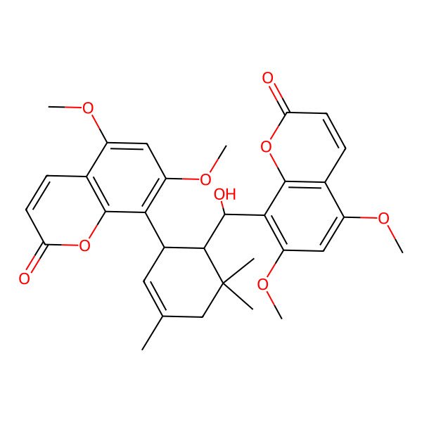 2D Structure of 8-[6-[(5,7-Dimethoxy-2-oxochromen-8-yl)-hydroxymethyl]-3,5,5-trimethylcyclohex-2-en-1-yl]-5,7-dimethoxychromen-2-one