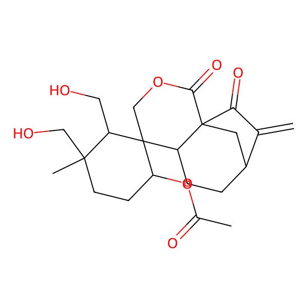2D Structure of [(1S,1'S,3'R,4'S,5S,6S,9R)-3',4'-bis(hydroxymethyl)-4'-methyl-10-methylidene-2,11-dioxospiro[3-oxatricyclo[7.2.1.01,6]dodecane-5,2'-cyclohexane]-1'-yl] acetate