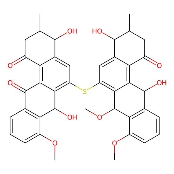 2D Structure of (3R,4S,7S)-6-[[(3R,4S,7R,12S)-4,12-dihydroxy-7,8-dimethoxy-3-methyl-1-oxo-3,4,7,12-tetrahydro-2H-benzo[a]anthracen-6-yl]sulfanyl]-4,7-dihydroxy-8-methoxy-3-methyl-2,3,4,7-tetrahydrobenzo[a]anthracene-1,12-dione