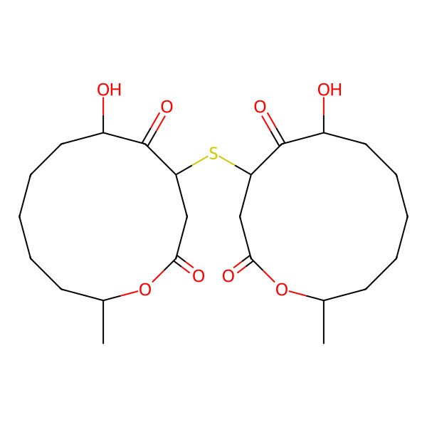 2D Structure of (4R,6R,12S)-6-hydroxy-4-[[(4R,6R,12S)-6-hydroxy-12-methyl-2,5-dioxo-oxacyclododec-4-yl]sulfanyl]-12-methyl-oxacyclododecane-2,5-dione