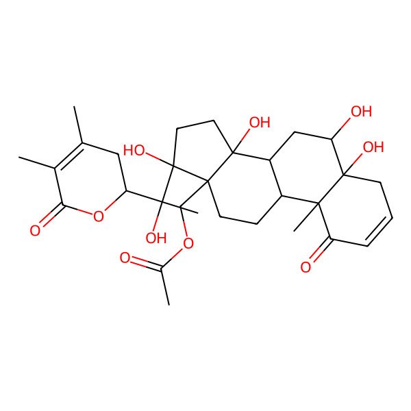 2D Structure of [17-[1-(4,5-dimethyl-6-oxo-2,3-dihydropyran-2-yl)-1-hydroxyethyl]-5,6,14,17-tetrahydroxy-10-methyl-1-oxo-6,7,8,9,11,12,15,16-octahydro-4H-cyclopenta[a]phenanthren-13-yl]methyl acetate