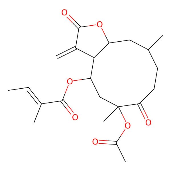 2D Structure of [(3aS,4S,6R,10S,11aR)-6-acetyloxy-6,10-dimethyl-3-methylidene-2,7-dioxo-3a,4,5,8,9,10,11,11a-octahydrocyclodeca[b]furan-4-yl] (Z)-2-methylbut-2-enoate